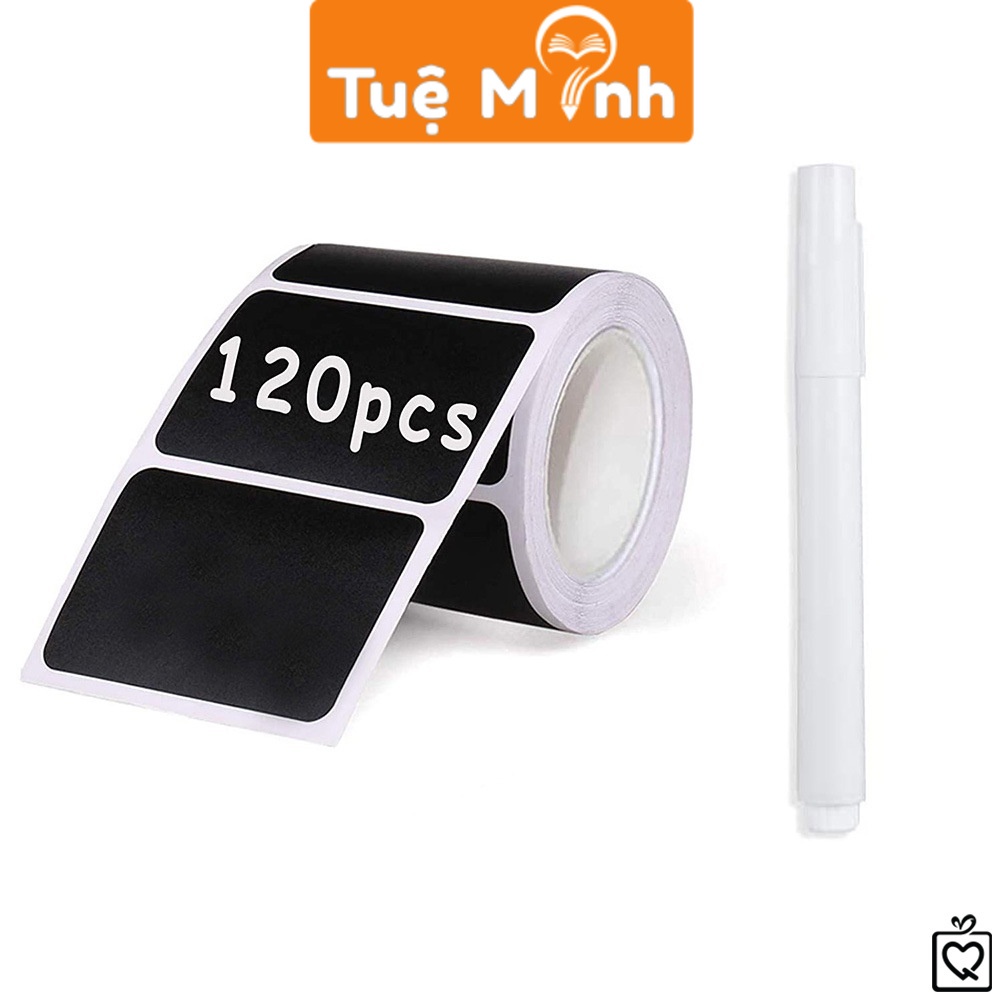 Cuộn 120 tem nhựa nền đen kèm bút TE12 decal dán hộp bao bì đánh dấu ...