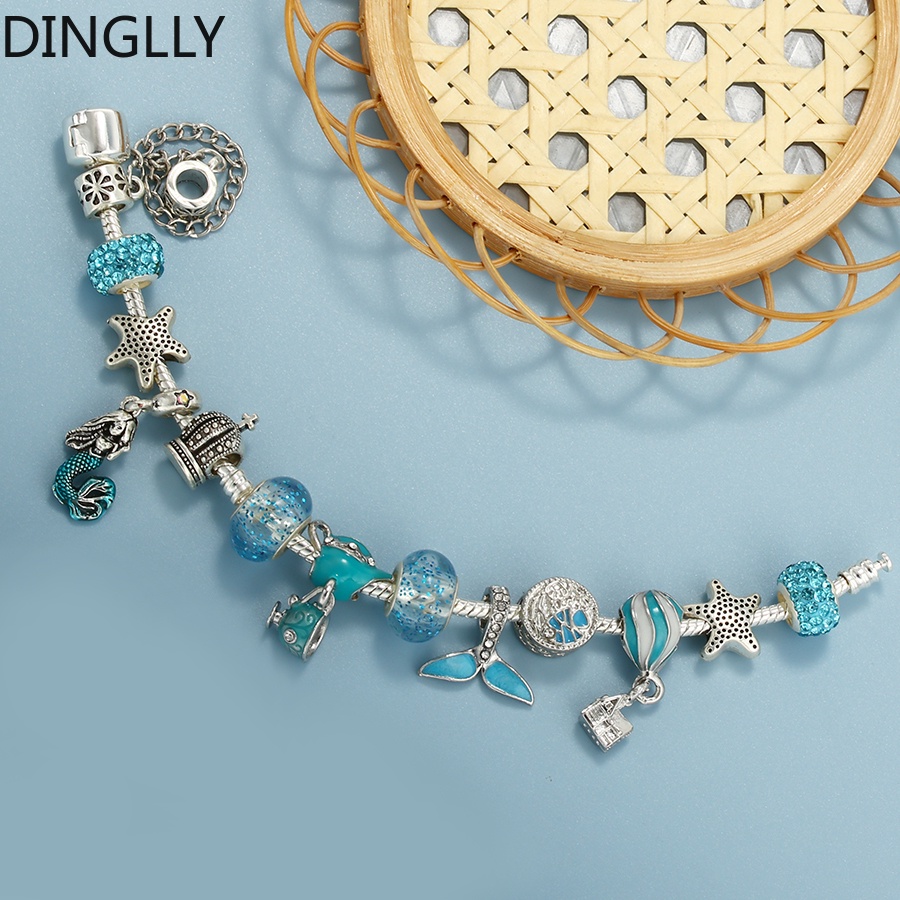 Vòng Tay Hạt Charm Đuôi Cá Màu Bạc / Ấm Trà / Bong Bóng Màu Xanh Dương DINGLLY Cho Nữ