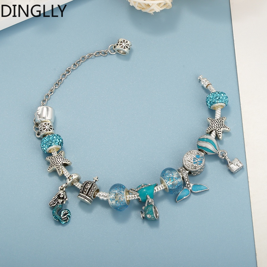 Vòng Tay Hạt Charm Đuôi Cá Màu Bạc / Ấm Trà / Bong Bóng Màu Xanh Dương DINGLLY Cho Nữ