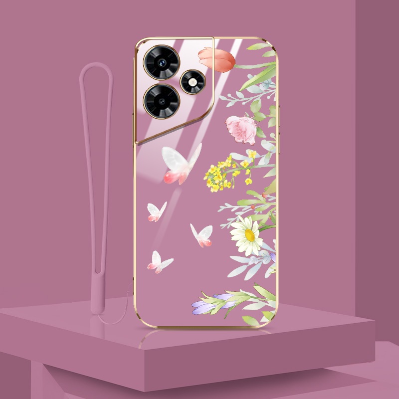 Ốp Điện Thoại Mạ Điện Sang Trọng Cho Infinix Smart 8 X6525 Hot 30 Play Hot 30i Tecno Spark Go 2024 Spark 20 POP 8 X6831 X669 Họa Tiết Hoa Bướm Phong Cách INS Có Dây Buộc