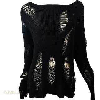 Áo Sweater Đen Tay Dài Thiết Kế Rách Phong Cách Gothic Punk Cổ Điển