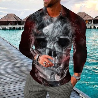 Áo Thun Tay Dài Cổ Tròn In Hình Đầu Lâu 3D Phong Cách Hip Hop Thời Trang Cho Nam