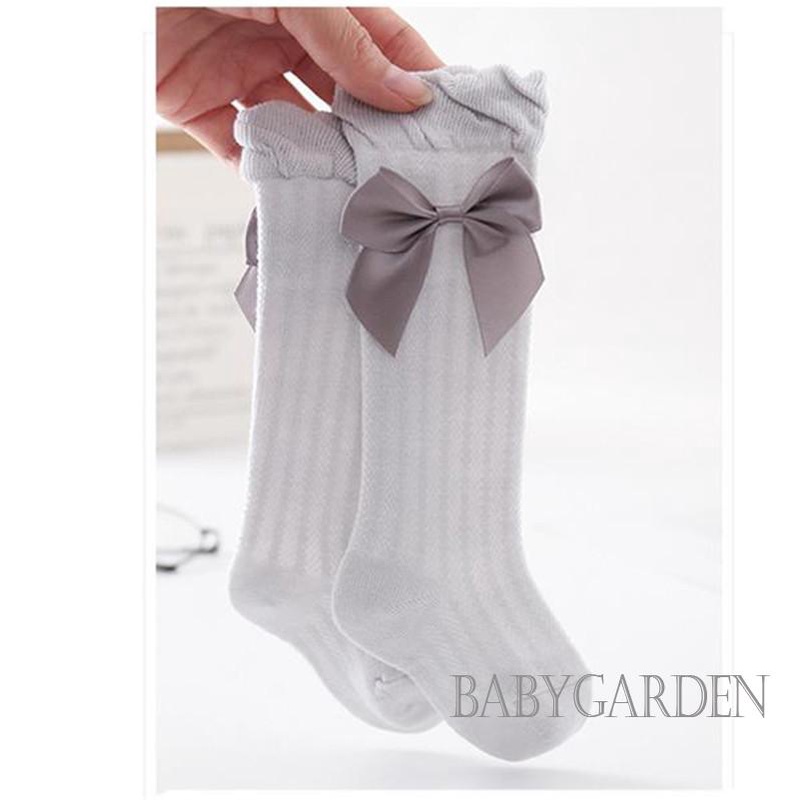 Đôi Vớ Thoáng Khí Cao Đến Đầu Gối Đính Nơ Lớn Màu Trơn Trang Trí Dành Cho Bé Gái 0-3 Tuổi