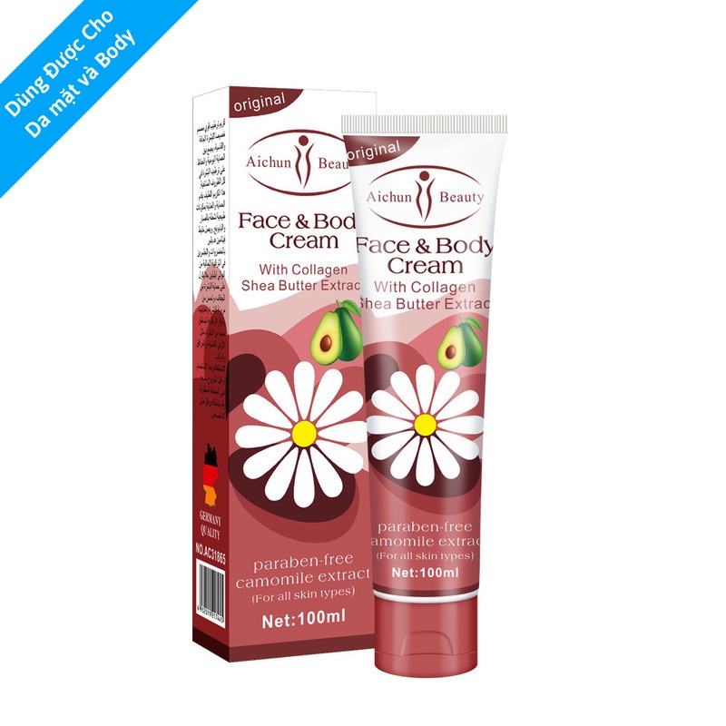 Kem Làm Trắng Da  Body Face & Body Cream 100ml Triết Xuất Từ Hoa Cúc Và Bơ Làm Da Trắng Sáng, Mềm Mịn Da Aichun Beauty