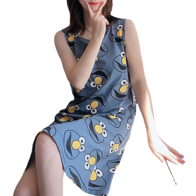 Váy ngủ 2 dây Suông Đầm Ngủ Hai Dây Có Mút Đệm Ngực In Hoạt Hình Dễ Thương Thời Trang Mùa Hè Cho Bạn Gái [luyoo32]
