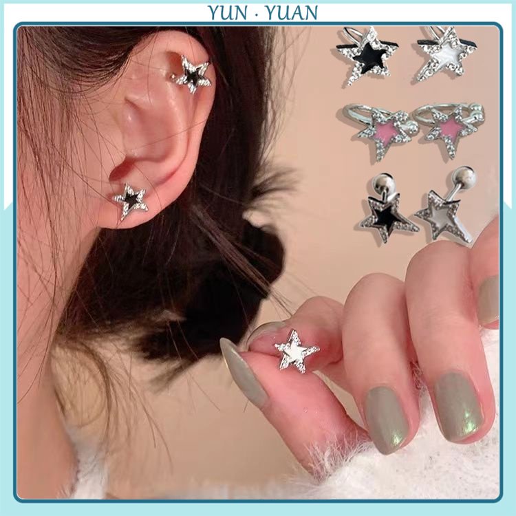 [Yunyuan] Khuyên Tai Dạng Kẹp Hình Ngôi Sao Mạ Bạc Đính Đá Sáng Bóng Đơn Giản Phong Cách Retro Nhật Hàn Ins Cho Nữ YK2