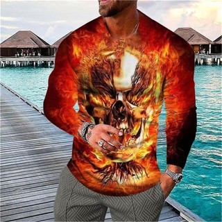 Áo Thun Tay Dài Cổ Tròn In Hình Đầu Lâu 3D Phong Cách Hip Hop Thời Trang Cho Nam
