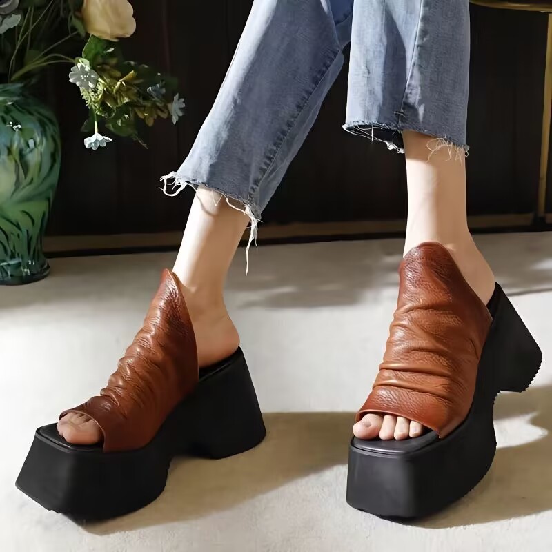 Dép Sandal Đế Xuồng Bằng Da Thật Thời Trang Dành Cho Nữ