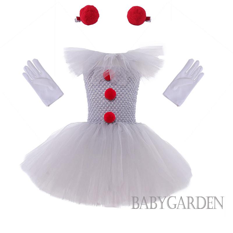 Baga-2-12 tuổi trẻ em cô gái chú hề trang phục vải tuyn trắng váy găng tay kẹp tóc bộ cho halloween party cosplay