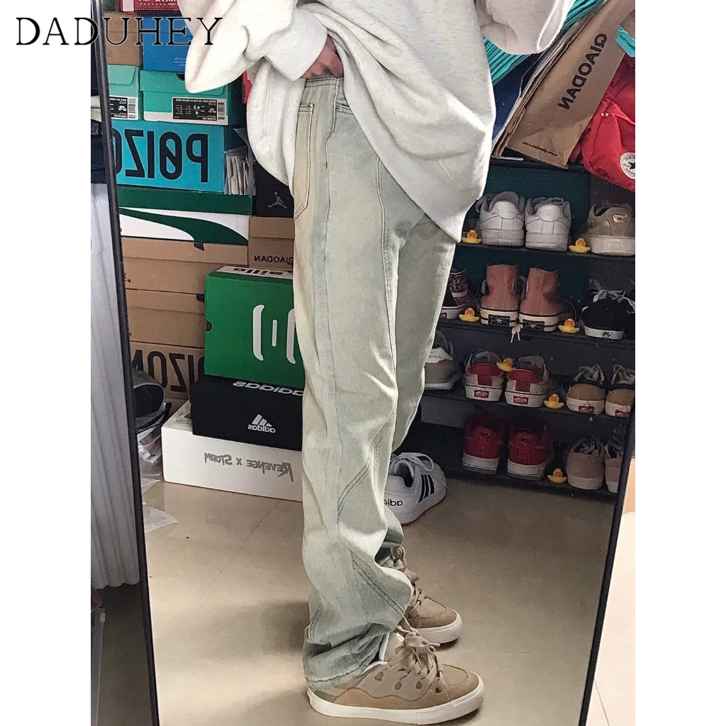 Ảnh DaDuHey New American Style Light Color Stitching Jeans Women's High Waist Straight Casual Pants Plus Size Trousers 2
