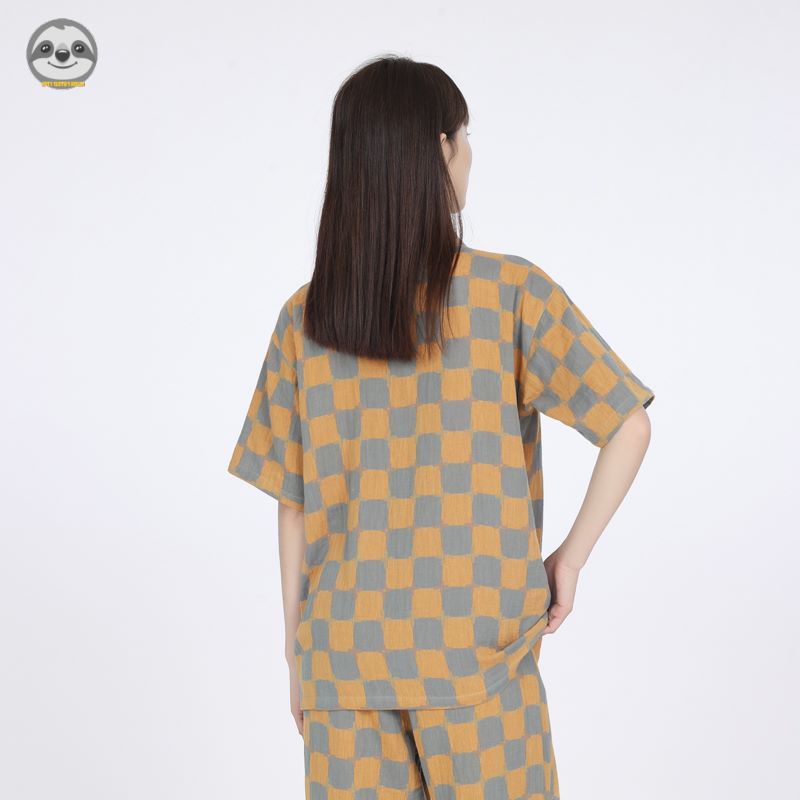 Phong Cách muji Phong Cách Nhật Bản / Đồ Ngủ Nữ Kẻ Caro / Đồ Ngủ Ba Tay Lỡ / Sợi cotton Hai Lớp