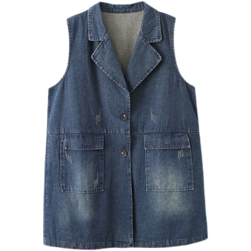 Plus Kích Thước Vintage Giữa Chiều Dài Denim Mới Rời Lắp Áo Vest Phù Hợp Với Cổ