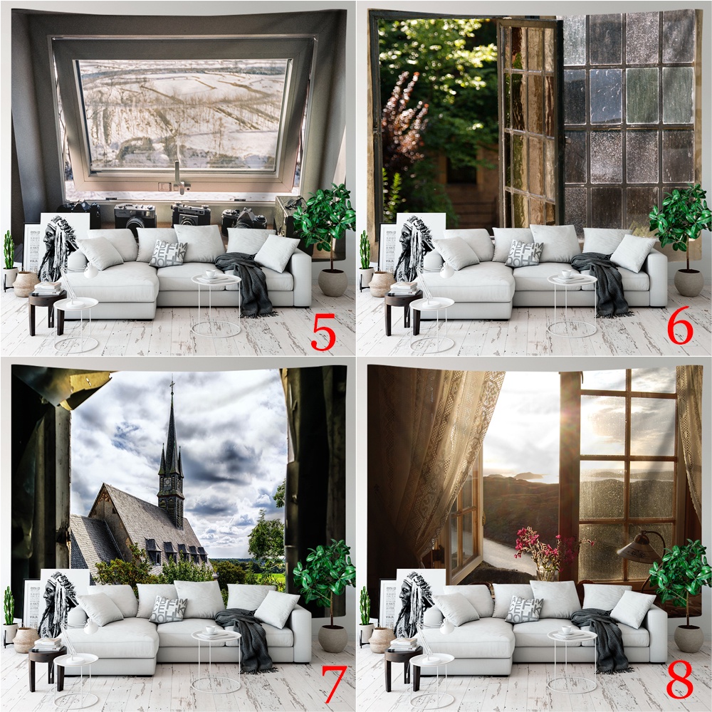 Phong cảnh qua cửa sổ tấm thảm treo tường có kẹp tấm thảm polyester phòng ngủ tấm thảm treo tường trang trí phòng quà tặng (có kẹp)