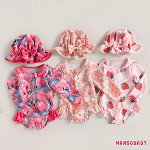 Mgg-toddler Girl Rash Guard Đồ bơi, Bộ đồ tắm dài tay in hình dâu tây + Mũ chống nắng