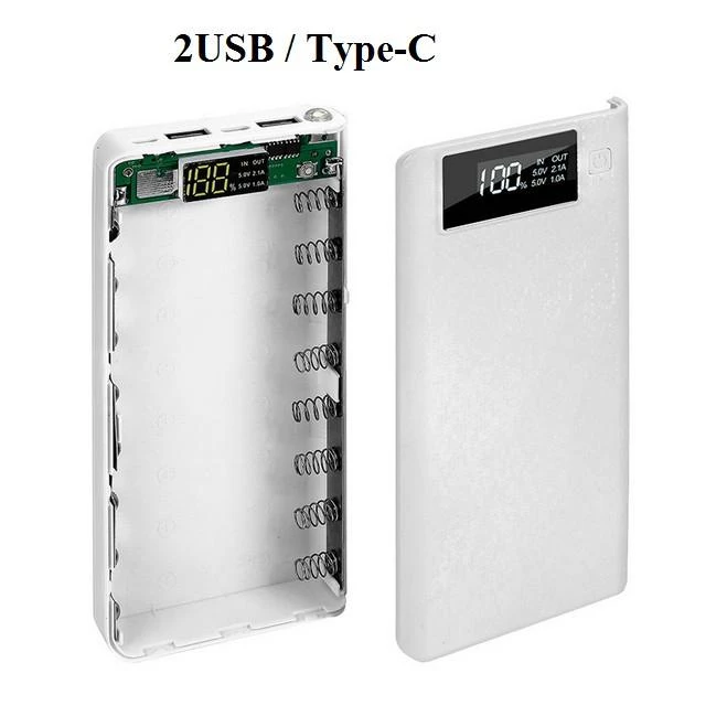 Box sạc dự phòng chân cắm Type-C 8 cell dùng pin 18650 có LCD (Đen), khung pin dự phòng 8 cell,hộp đựng pin dự phòng