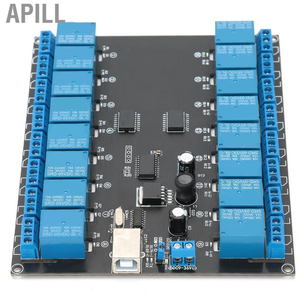 Apill Bảng mô-đun chuyển mạch rơle 16 kênh DC 9-36V USB SPDT có đèn báo TRÊN ZIN