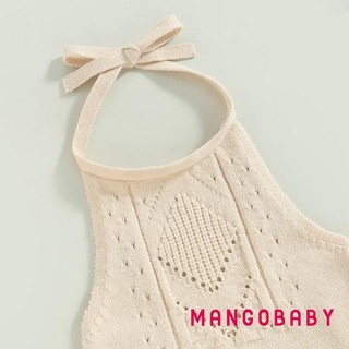 Mgg-baby Girl Trang Phục Mùa Hè Màu Trơn Buộc Dây Cổ Đan Áo Len Romper Quần Short Denim Có Dây Đeo Đầu Bộ Quần Áo 3 Chiếc
