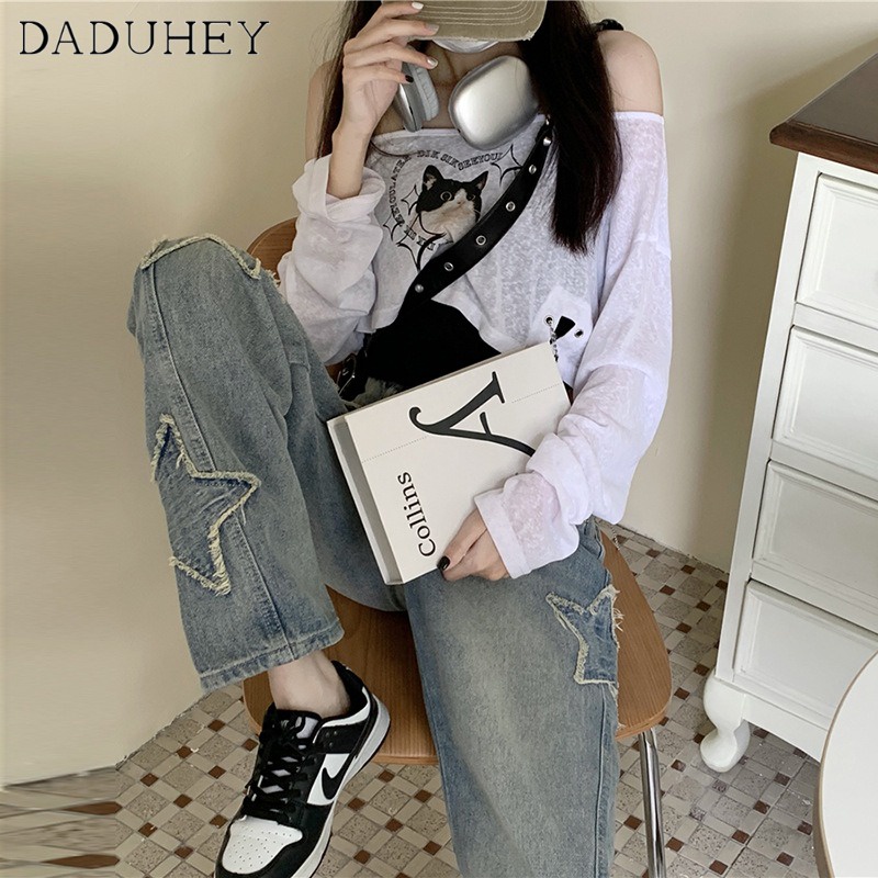 Ảnh Quần jean DADUHEY lưng cao dáng rộng họa tiết ngôi sao thời trang đường phố Mỹ cá tính 2
