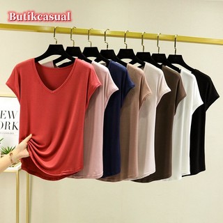 Áo Thun cotton Tay Ngắn Dáng Rộng Cổ Chữ V Màu Trơn Thời Trang 2023 Cho Nữ 40-78kg