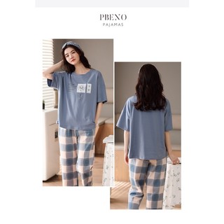 M-5XL Plus Size Nữ Tay Ngắn Crop Quần Cổ Tròn In Hình Hoạt Hình Pyjama 2 Bộ