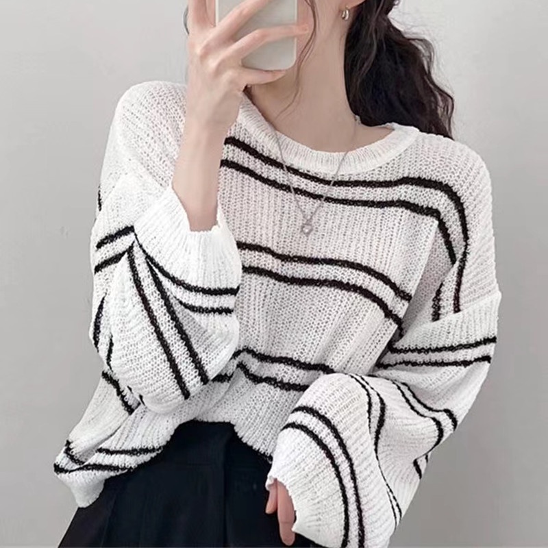 Áo dệt kim SUXI tay dài dáng rộng họa tiết kẻ sọc phong cách Hàn Quốc thời trang mùa hè xinh xắn cho nữ