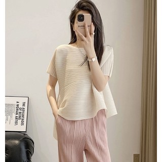 Miyake Xếp Ly Top Nữ Mùa Hè 2023 Phong Cách Mới Cao Cấp Rời Kích Thước Lớn Vải Co Giãn Quần Áo Tính Khí Áo Thun Hợp Thời Trang