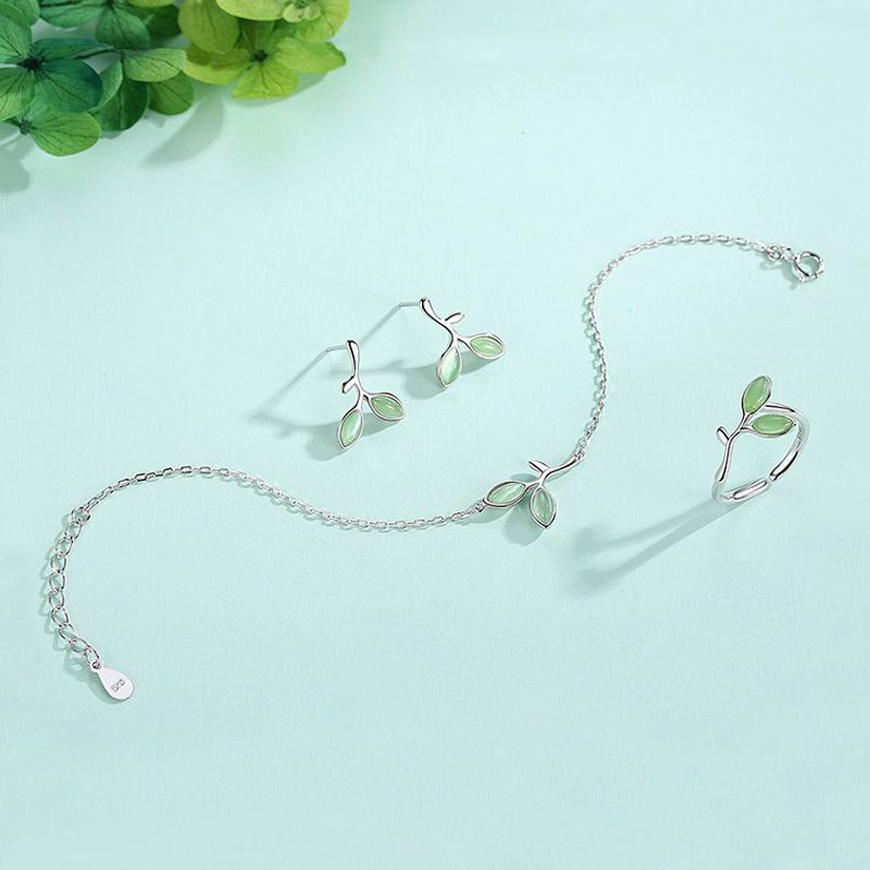 [Yunyuan] Bộ Trang Sức Vòng Cổ Nhẫn / Bông Tai / Nhẫn Mở Hình Lá Xanh Bằng Bạc