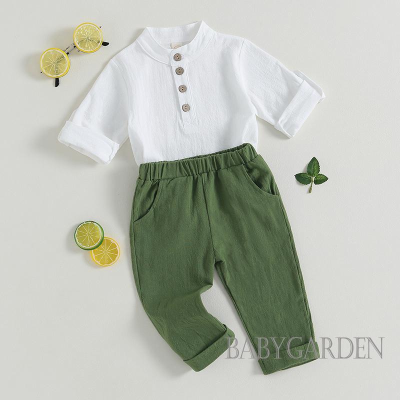 Set Đồ Mùa Hè 2 Món Gồm Áo Sơ Mi Tay Cộc Cài Nút Màu Trơn + Quần Dài Eo Thun Cho Bé Trai 6 Tháng - 4 Tuổi