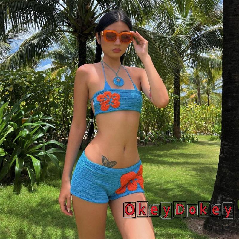Bộ Đồ Đi Biển Mùa Hè Gồm Quần Short Dệt Kim Y2k Và Áo In Hoa Cho Nữ