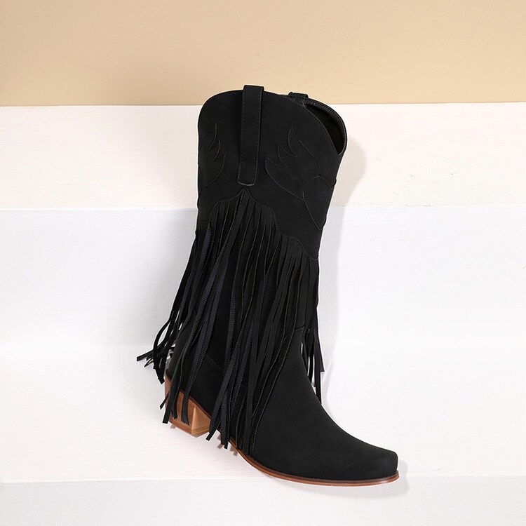 Giày Bốt Cao Bồi Cổ Cao Tới Gối Phối Tua Rua Kiểu Âu Mỹ Thời Trang 2023 Size 34-43 Cho Nữ