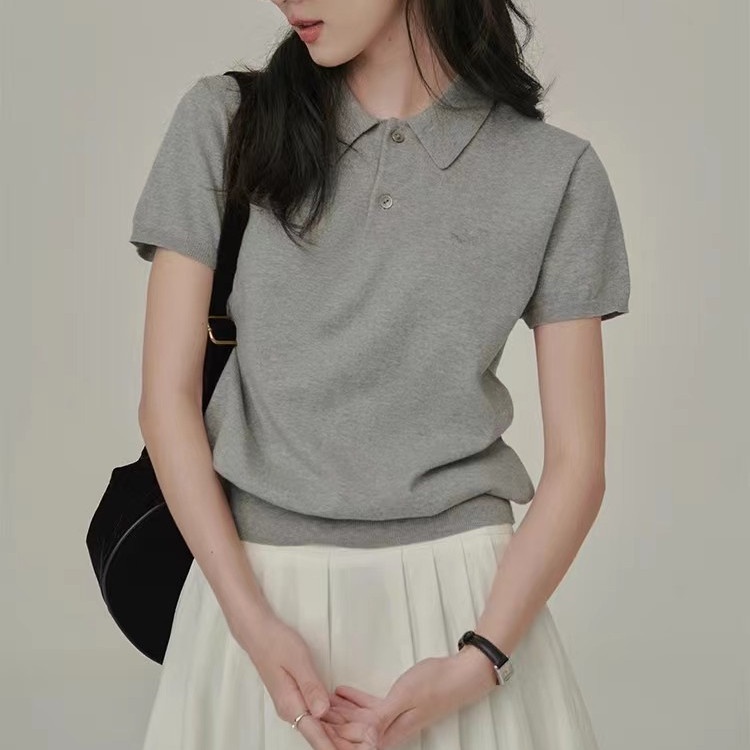 SUXI Áo Thun Dệt Kim Tay Ngắn Cổ Bẻ Đơn Giản Phong Cách Vintage Dành Cho Nữ