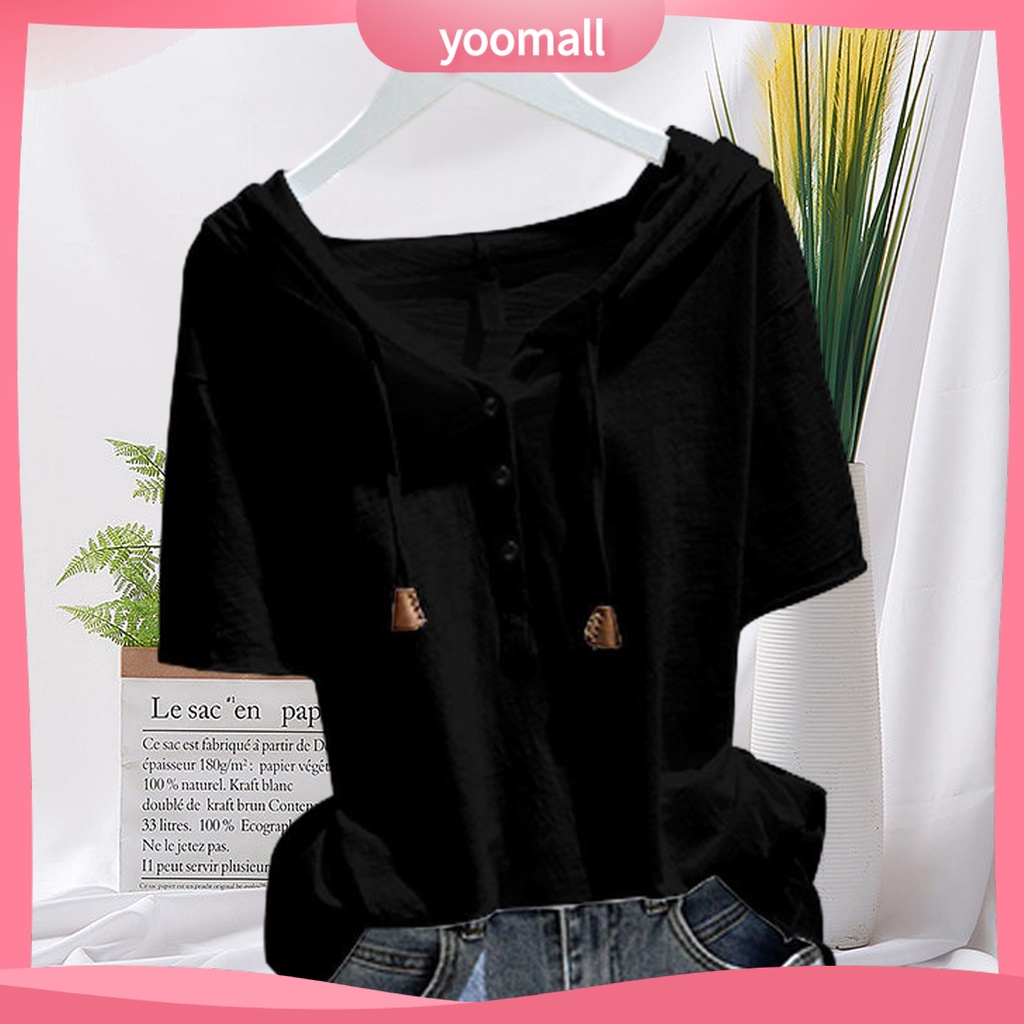 [Ym] Áo Hoodie nữ tay ngắn có mũ trùm đầu Dây rút màu trơn dáng rộng mềm mại Áo chui đầu thoáng khí Ladt mùa hè