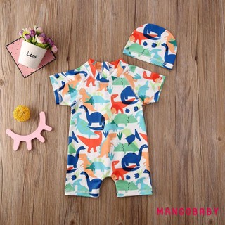 Mg-little Bé Trai Tắm Phù Hợp Với Mũ Bơi Tay Ngắn Mock Cổ Lưng Dây Kéo Lên Đồ Bơi Khủng Long In Hình Đồ Bơi Áo liền quần