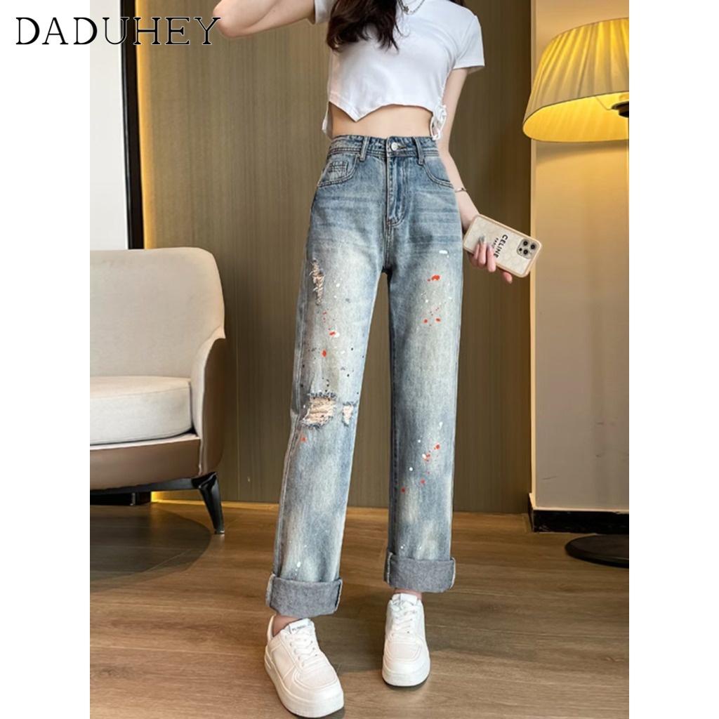 Ảnh Quần jean rách DADUHEY size lớn ống rộng dáng dài thoải mái cạp cao retro thời trang mới kiểu Mỹ cho nữ 3