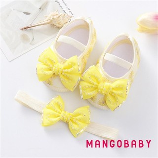Mgg-baby Girls Mary Jane Flats Đính Hạt Nơ Công Chúa Giày Đi Bộ Và Băng Đô Cho Trẻ Sơ Sinh Tập Đi