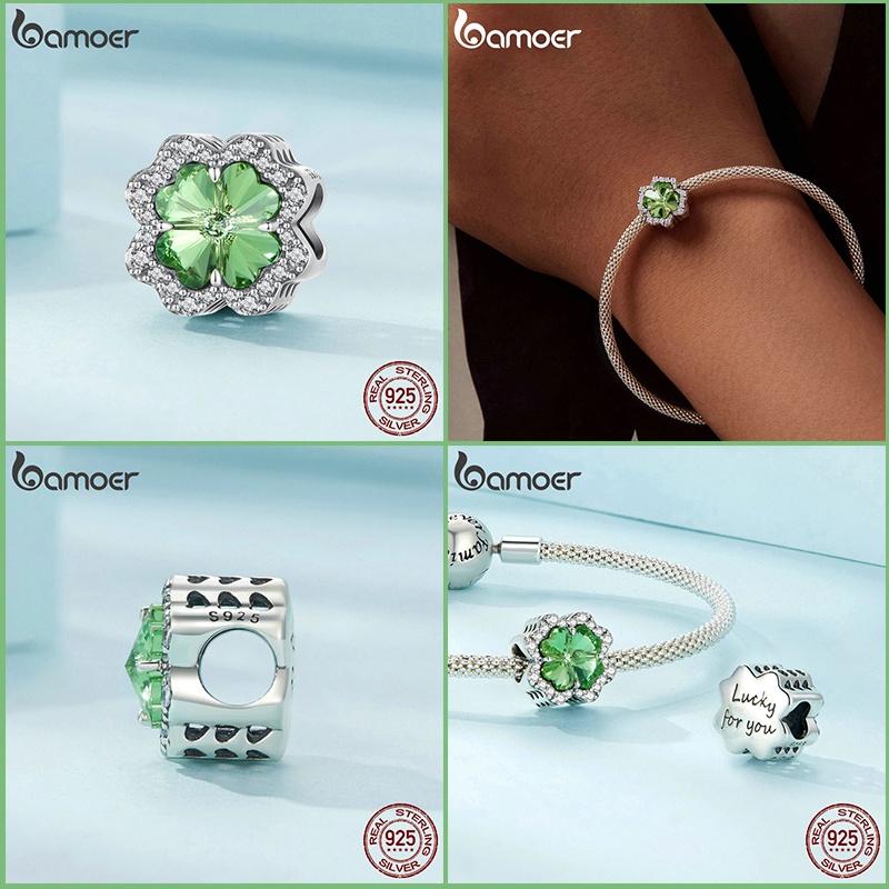 Hạt charm BAMOER bạc 925 hình cỏ bốn lá dùng làm đồ trang sức