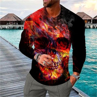 Áo Thun Tay Dài Cổ Tròn In Hình Đầu Lâu 3D Phong Cách Hip Hop Thời Trang Cho Nam