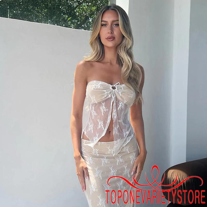 Topone-nữ Gợi Cảm 2 Mảnh Trang Phục Váy Bộ Vai Không Dây Ren Nhìn Xuyên Qua Ống Top Lưới Váy Dài Bộ