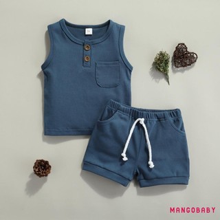 Mgg-trang phục mùa hè sơ sinh Áo cổ tròn màu trơn cho bé có túi + Quần short dây rút Bộ 2 món thông thường