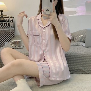 Bộ Đồ Ngủ Lụa Tay Ngắn Dáng Rộng Thời Trang Mùa Hè Cho Nữ