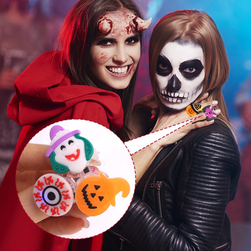 Set 10 Nhẫn Halloween Phát Sáng Hình Đầu Lâu / Bí Ngô Dễ Thương Cho Bé