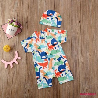 Mg-little Bé Trai Tắm Phù Hợp Với Mũ Bơi Tay Ngắn Mock Cổ Lưng Dây Kéo Lên Đồ Bơi Khủng Long In Hình Đồ Bơi Áo liền quần