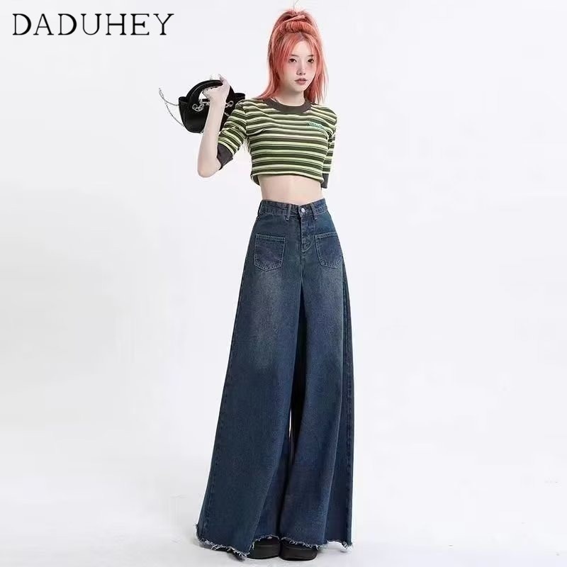 Ảnh Quần jean DADUHEY lưng cao ống rộng viền thô phong cách Hàn Quốc size lớn thời trang mới 4