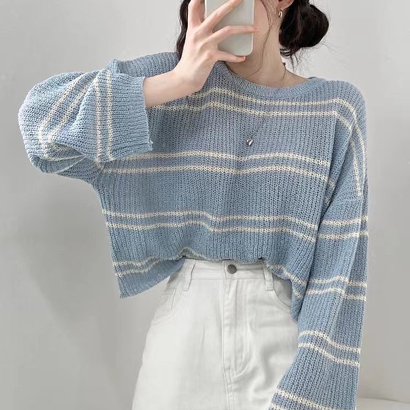 Áo dệt kim SUXI tay dài dáng rộng họa tiết kẻ sọc phong cách Hàn Quốc thời trang mùa hè xinh xắn cho nữ