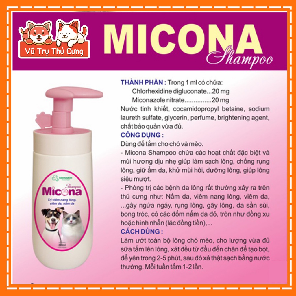 Sữa tắm Micona loại bỏ nấm ngứa, viêm da, khử mùi cho Chó Mèo 200ml