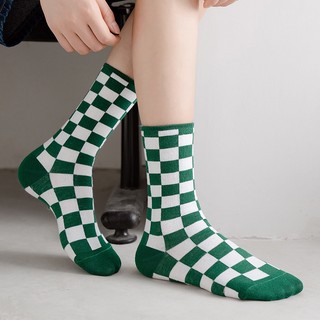 Vớ Cotton Cổ Cao Kẻ Sọc Caro Trắng Đen Thoáng Khí Phong Cách Harajuku Hàn Quốc