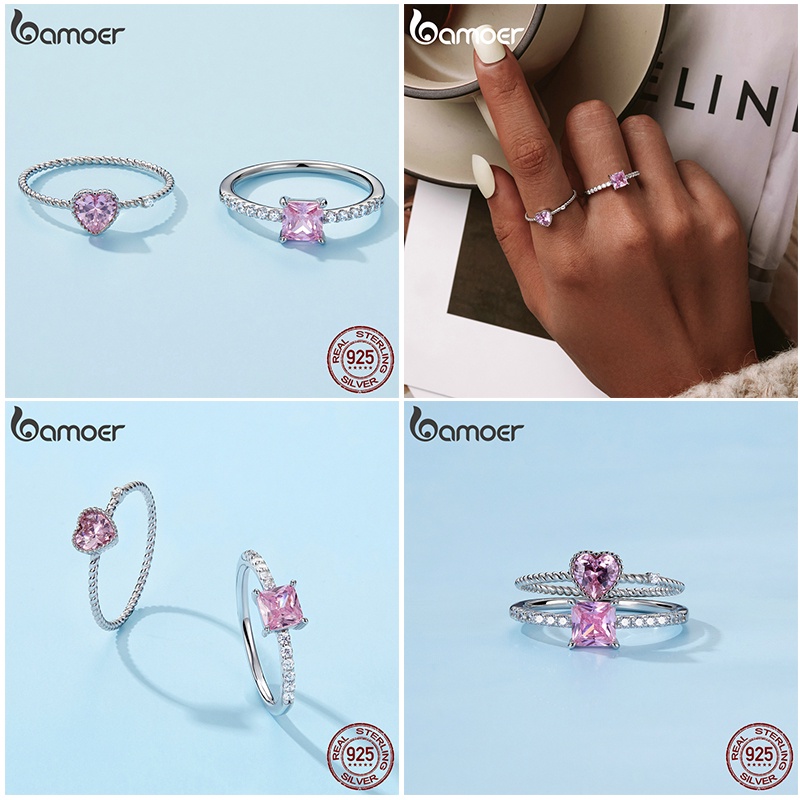 Bamoer Bạc 925 Nhẫn Zircon Hồng Trang Sức Thời Trang Cho Nữ Quà Tặng Sinh Nhật