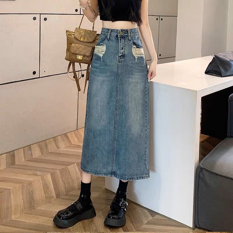 Chân Váy jean Dài Cạp Cao Dáng Dài Kiểu Rách Túi BigSize 55-90kg 008 Rẻ ...