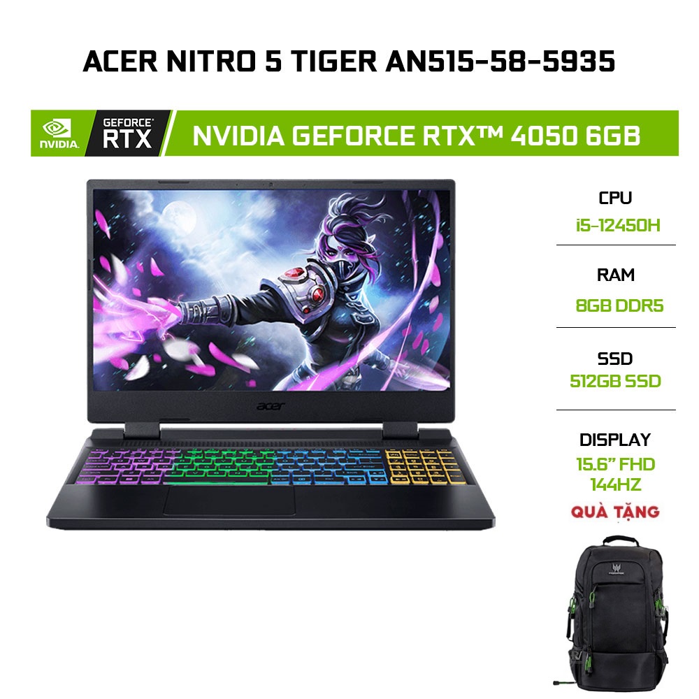[Mã ELCL12 giảm 12% đơn 10TR] Laptop Acer Nitro 5 Tiger AN515-58-5935 i5-12450H|8GB|512GB|RTX™ 4050 6GB|15.6