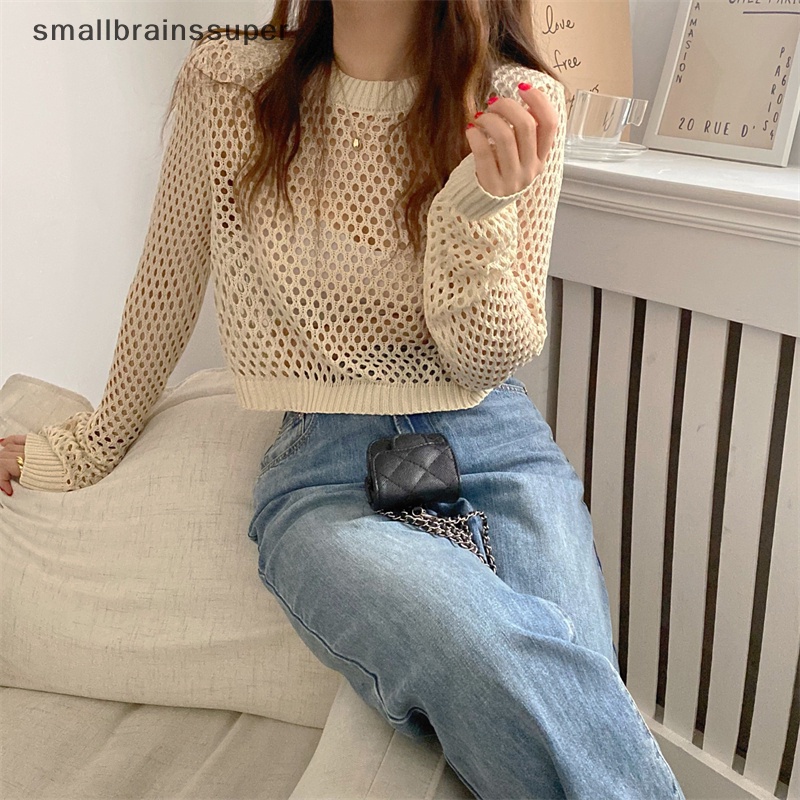 Smallbrainssuper phụ nữ mùa hè màu rắn cổ tròn rỗng ra dài tay áo đơn giản lỏng dệt kim hàng đầu sbs